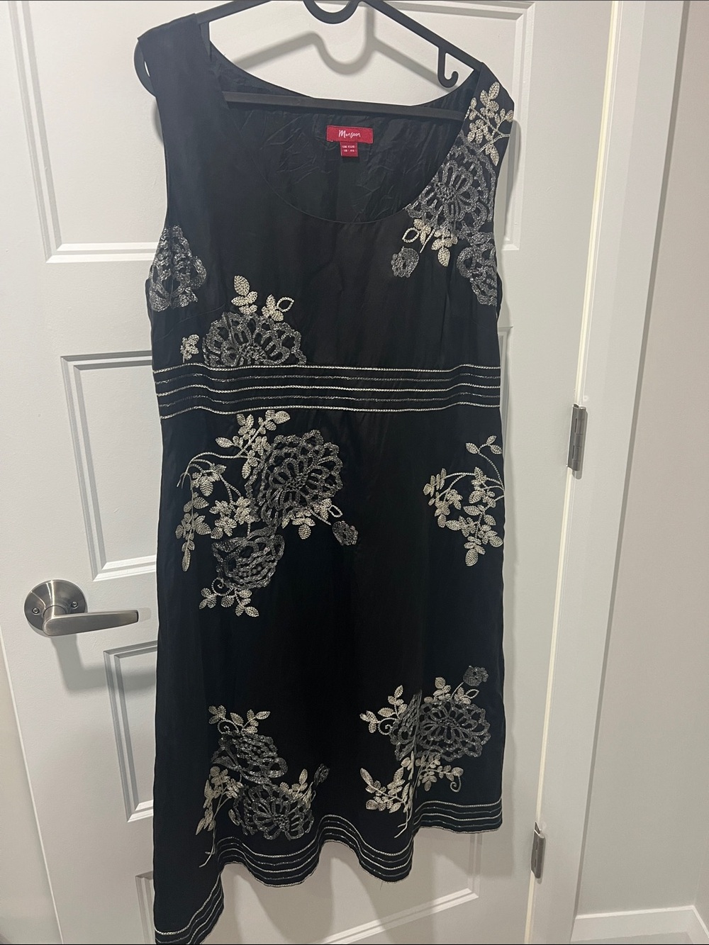 Monsoon Black Midi Dress with Silver Floral Embroidery